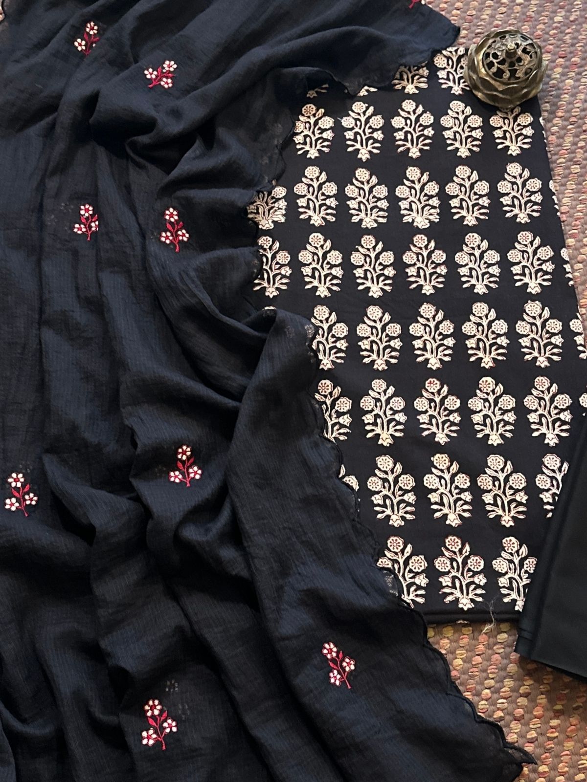 Pure Cotton Hand-block Fabric with Embroidered Bottom & Kota Doria Dupatta